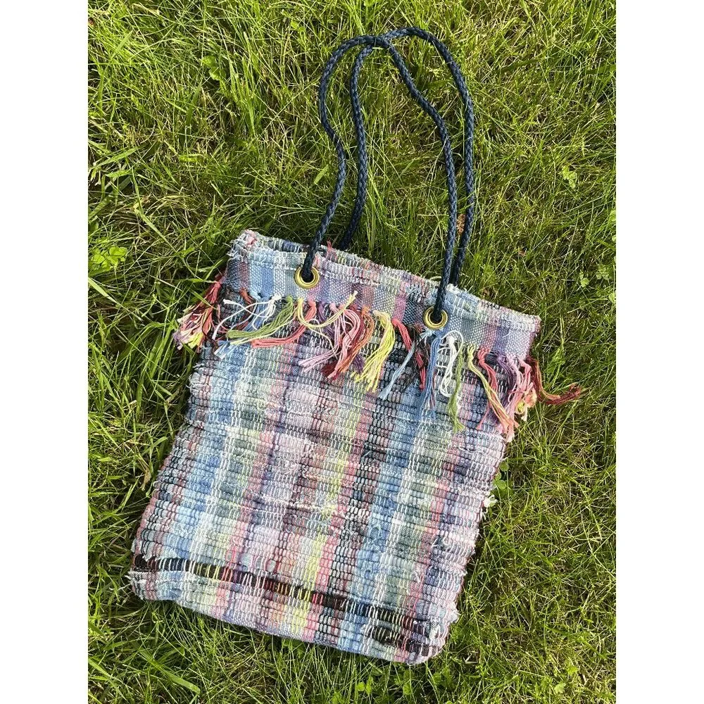 Handwoven Recycled Denim Tote Bag Boho Festival Market Upcycled Fringe Shoulder - Picture 3 of 11
